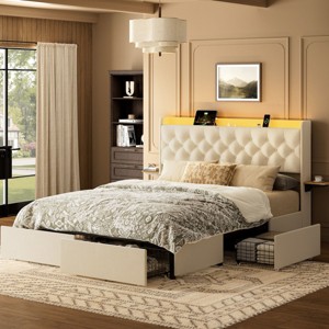 WOWLIVE Full/Queen/King Upholstered Platform Bed Frame with 4 Storage Drawers, Velvet Tufted Headboard with LED light & Charging Station - 1 of 4