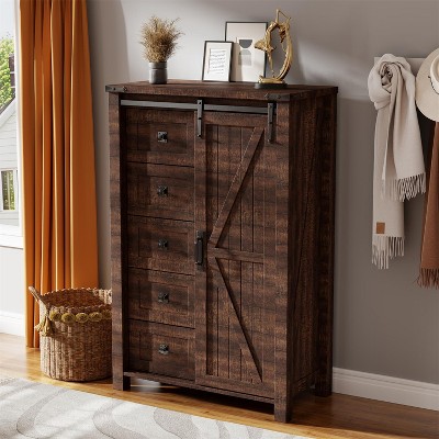SinCiDo Farmhouse Modern 5 Drawer Tall Dresser w/Sliding Barn Door, Storage Organizer Dresser for Bedroom, Living Room & Kids Room