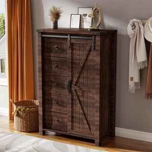 SinCiDo Farmhouse Modern 5 Drawer Tall Dresser w/Sliding Barn Door, Storage Organizer Dresser for Bedroom, Living Room & Kids Room - 1 of 4