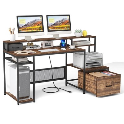 Tangkula 67" Computer Desk w/ Monitor Stand & File Drawer Power Outlets & USB Ports
