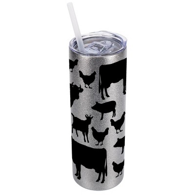Elanze Designs Black Silvertone Sparkle 20 Ounce Double Wall Stainless Steel Glitter Travel Tumbler With Sliding Lid And Straw, Farm Animals