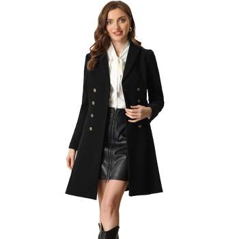Allegra K Women's Double Breasted Winter Flat Collar Belted Coat With Pockets