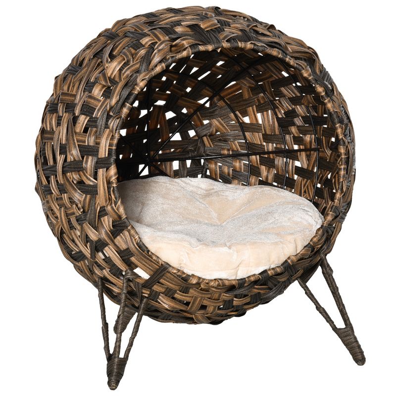 PawHut 20.5" Rattan Cat Bed, Elevated Wicker Kitten House Round Condo with Cushion, 1 of 7