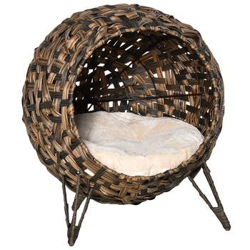 PawHut 20.5" Rattan Cat Bed, Elevated Wicker Kitten House Round Condo with Cushion