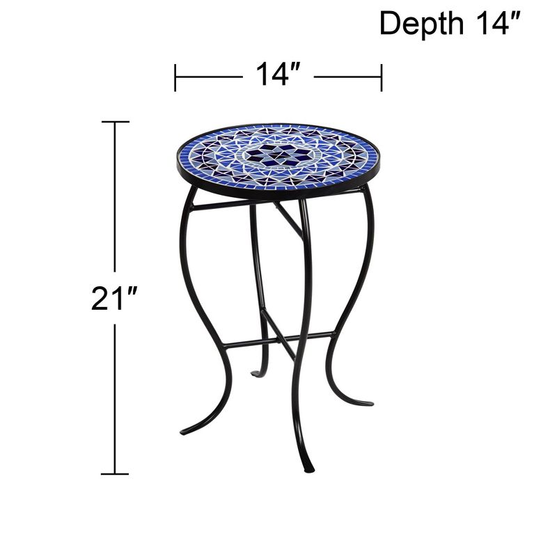 Teal Island Designs Modern Black Round Outdoor Accent Side Table 14" Wide Light Blue Mosaic Tabletop Front Porch Patio Home House Balcony, 4 of 8