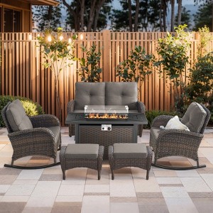 Buenhomino 7 Piece Outdoor Patio Wicker Conversation Sets with 43" Fire Pit Table, Includes Glider Loveseat, Rocking Chairs, Ottomans and Side Table - 1 of 4