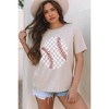 Amaryllis Women’s Graphic Baseball Tee Relaxed Fit Short Sleeve Top with Checkerboard Stitch T-Shirt- Small ,Beige - 2 of 4