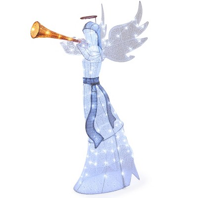 Tangkula 5 FT Lighted Trumpeting Angel Light-up Christmas Angel w/ LED Lights Halo & Girdle
