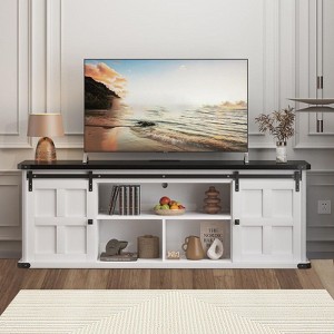 Coolmee 70 inch TV Stand for up to 75 Inch TVs with Power Outlet, Farmhouse Entertainment Center with Sliding Barn Doors and Storage Cabinets - 1 of 4