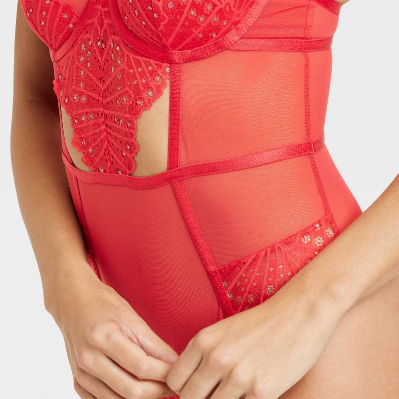 Women's Lace and Mesh Lingerie Bodysuit - Auden&#8482; Red, 3 of 7