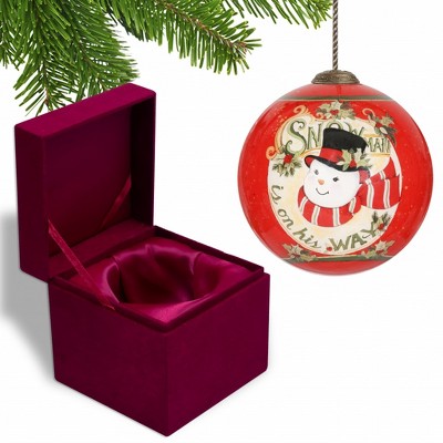 HomeRoots Festive Snowman on his way Hand Painted Mouth Blown Glass Ornament