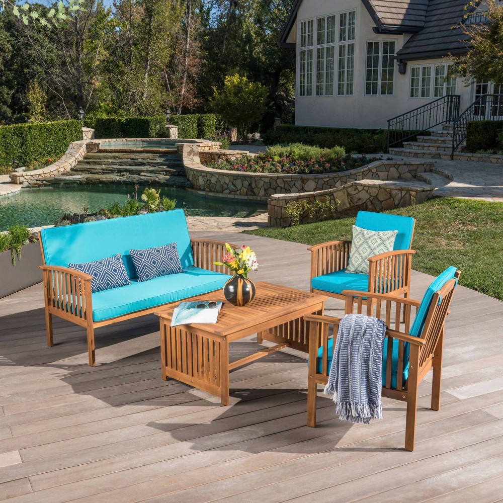 Photos - Garden Furniture Carolina 4pc Acacia Wood Sofa Set - Brown Patina/Teal - Christopher Knight