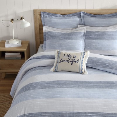Blue and White Cotton Full Bedspread Set with Stripes