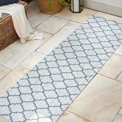Gray and Teal Trellis Flat Woven Synthetic Rug