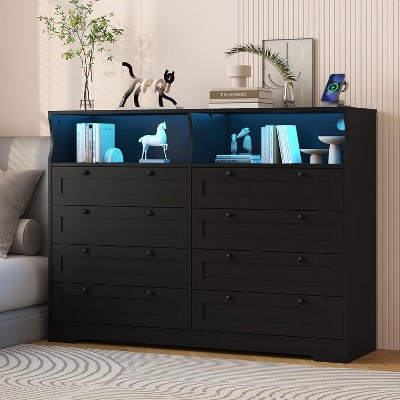 Jojoka 8 Drawer Dresser with Power Outlets, Modern Storage Cabinet with 8 Drawers, 2 Cubbies for Bedroom