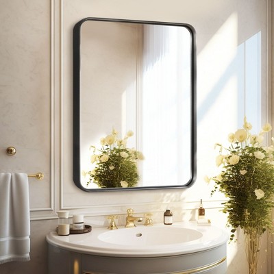 Polished Black Painted Aluminum Alloy Rectangular Wall Mirror with Rounded Corners