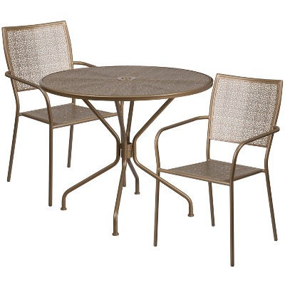 Emma and Oliver Commercial Grade 35.25" Round Metal Garden Patio Table Set, 2 Square Back Chairs
