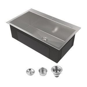Cobbe Black 32" Drop-in Kitchen Sink, Stainless Steel 2-Hole Deep Single Bowl Sink Basin - 1 of 4