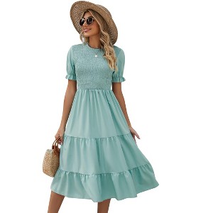 Women's Puff Short Sleeve Smocked Midi Dress Casual Summer Floral Print Elastic Waist Tiered A Line Maxi Dress - 1 of 4