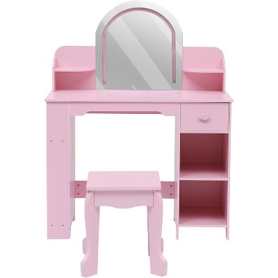 Kids Vanity with Lighted Mirror & Stool, Little Girls Vanity with Adjustable LED Light, Bookshelf, Storage Drawer & Shelves for Girls