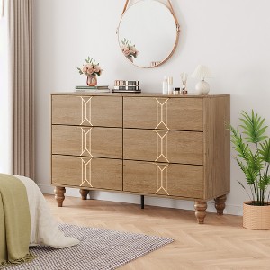 6 Drawer Dresser with Vintage Pattern Design, Modern Chest Dresser with Deep Drawers for Bedroom, Living Room, Entryway-Walnut & Gold - 1 of 4