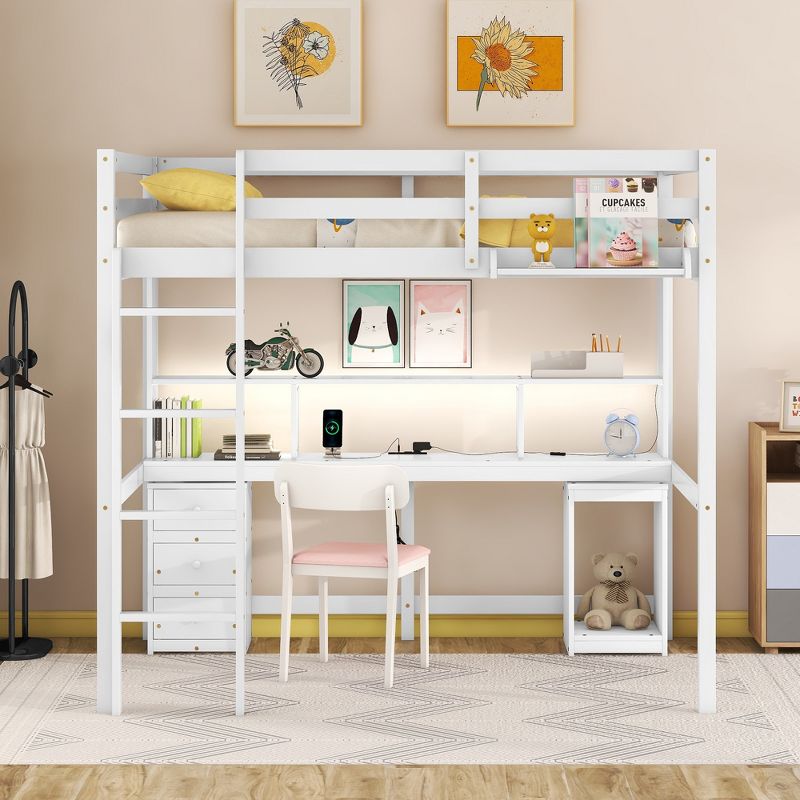 Loft Bed with Multi-Function Storage Table, LED Lights, Bedside Tray and Charging Station, White - ModernLuxe, 2 of 13
