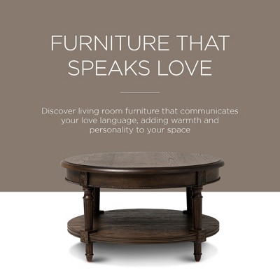 Antiqued Brown Round Wooden Coffee Table with Shelf Storage
