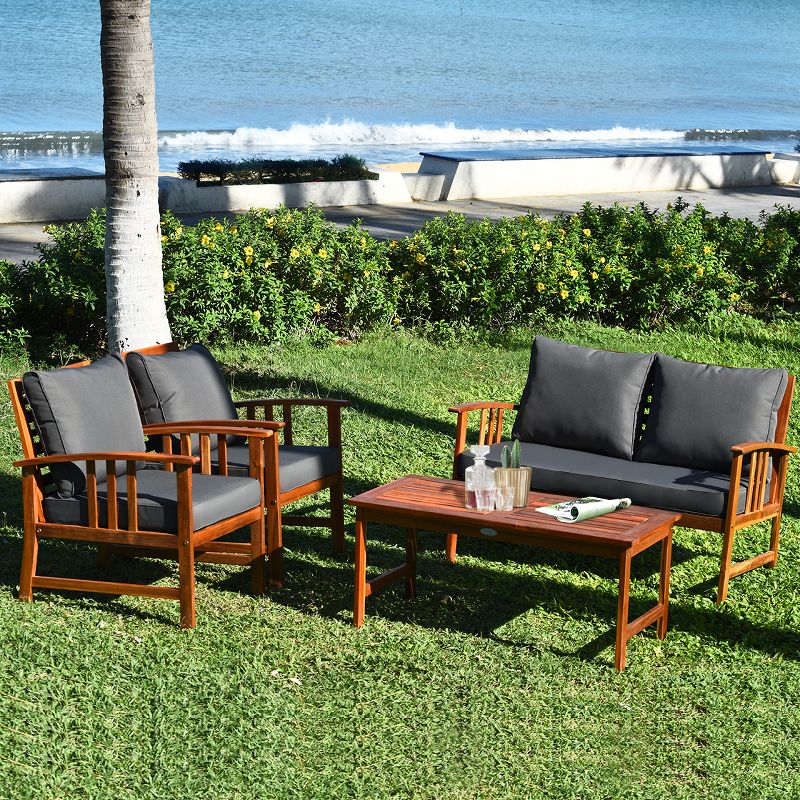 Costway 4PCS Wooden Patio Furniture Set Table Sofa Chair Cushioned Garden NEW, 5 of 11
