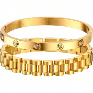 2pcs Chain Link Bracelet, Stainless Steel Crystal Friendship Bangle, Watch Band Wrist Jewelry with Adjust Tool - 1 of 4