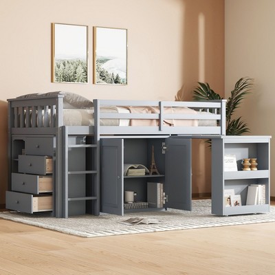 NicBex Twin Size Loft Bed with Pull-Out Desk Wooden Bed Frame with Shelves, Cabinet, Drawers, Ladder and Guardrail, No Box Spring Required