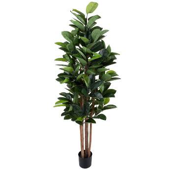Artificial Rubber Plant - 70-Inch Faux Tree with Natural-Feel Leaves - Realistic Potted Indoor Plant for Office or Home Decor by Pure Garden (Green)