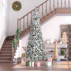 9/7.5 Foot Pencil Snow Flocked Artificial Christmas Tree with Pine Realistic Branches, Pine Cones, Red Berries, Auto Open, Green - 1 of 4