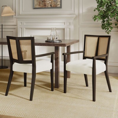PexFix 2Pcs Modern Upholstered Fabric Armchairs Dining Chairs Rattan Back Dining Room Chairs Accent Kitchen Chairs with Solid Wood Legs Dark Brown