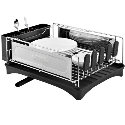 Compact 18.25" Stainless Steel 2-Tier Dish Drying Rack with Utensil Holder