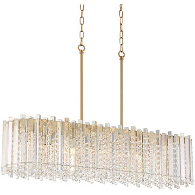 Inspire Me! Home Decor Gold Linear Island Pendant Chandelier 34" Wide Modern LED Crystal Prisms 6-Light Fixture for Dining Room House