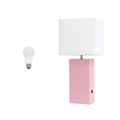 Lalia Home Lexington 21" Leather Base Modern Table Lamp with USB Charging Port and Feit LED (Includes LED Light Bulb) Pink