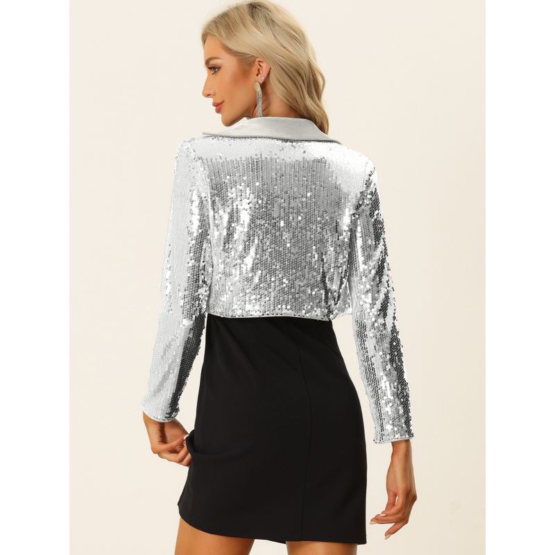 Allegra K Women's Velvet Notched Lapel Long Sleeve Sparkly Cropped Sequin Open Front Jacket, 3 of 7