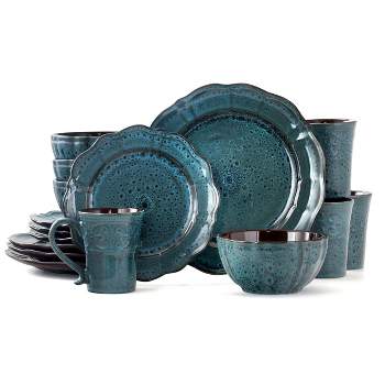 16pc Stoneware Scallop Pond Dinnerware Set Blue - Elama