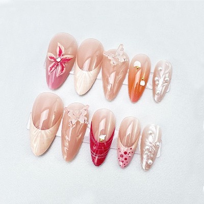 LOVELAY CREATIONS French Almond Press-On Nails with 3D Seashell Summer Designs