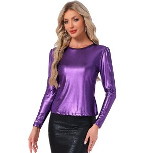 Allegra K Women's Long Sleeve Puff Sleeve Party Glitter Shiny Metallic Tops - 1 of 4