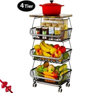 MaseiKar 4 Tier Fruit Storage Basket, Fruit Vegetable Cart with Solid Wood, Kitchen Storage Rack with Rollers for Pantry - 1 of 4