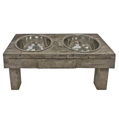 Small Brown Wash Reclaimed Wood Elevated Double Pet Feeder