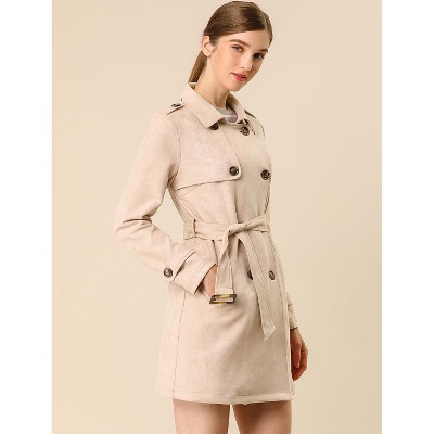 Allegra K Women's Faux Suede Notched Lapel Double Breasted Trench Coat with Belt Large Apricot — фото 4