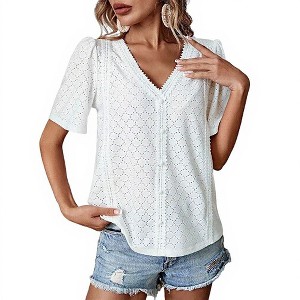 Women's Tops Casual Scoop Neck Short Sleeve Waffle Knit Hollow Out Shirts Loose Tunic Tops Blouses - 1 of 4
