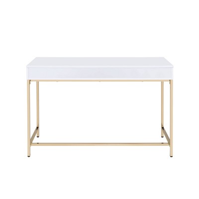 Contemporary White High Gloss 52" Office Desk with Gold Accents