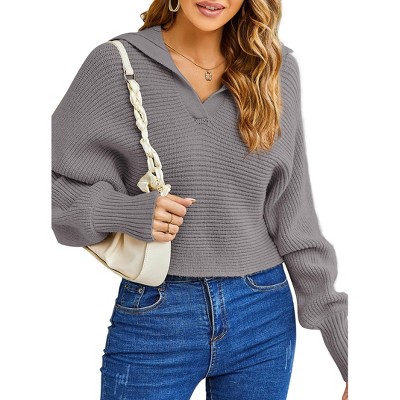 Women Striped/Soild Polo V Neck Sweater Long Puff Batwing Sleeve Knitwear Pullover Sweater Jumper Tops Gray L