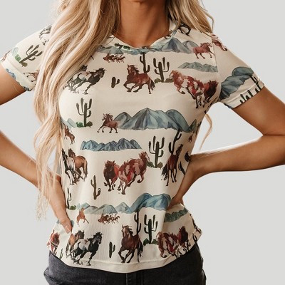 Amaryllis Women’s Wild Horse Desert Print Tee Running Mustang Graphic Crewneck Soft Cotton T-Shirt