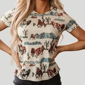 Amaryllis Women’s Wild Horse Desert Print Tee Running Mustang Graphic Crewneck Soft Cotton T-Shirt - 1 of 4