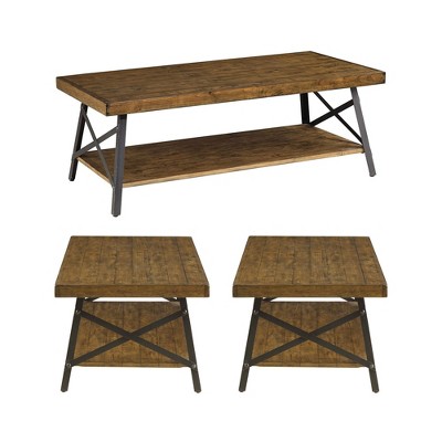 Wallace & Bay Chandler Chandler Rustic Coffee Table and Pair of Square Cccent Side End Tables with Bottom Open Storage Shelves