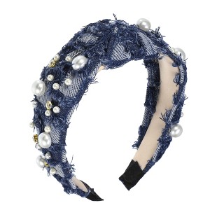 Unique Bargains Women's Pearly Crystal Knotted Headband Deep Blue 1 Pc - 1 of 4